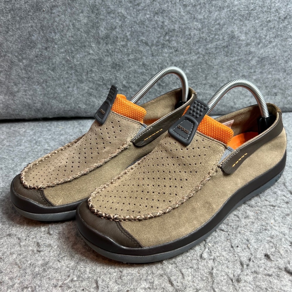 Crocs Thompson Low Mens Brown Suede Perforated Slip On Comfort Loafers Size 8